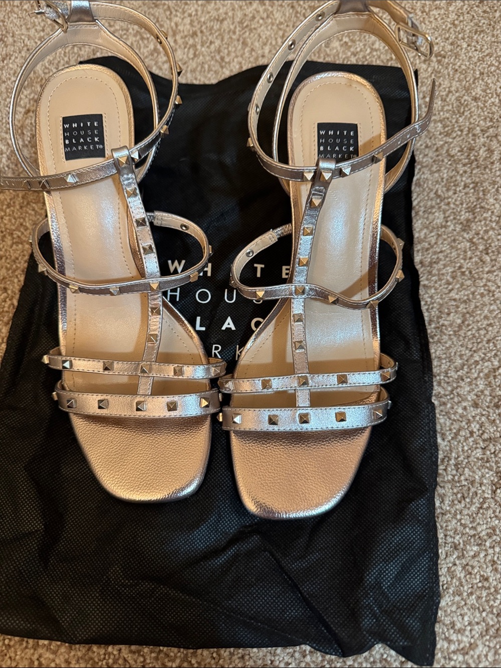 White House Black Market Silver Studded Strappy Heels